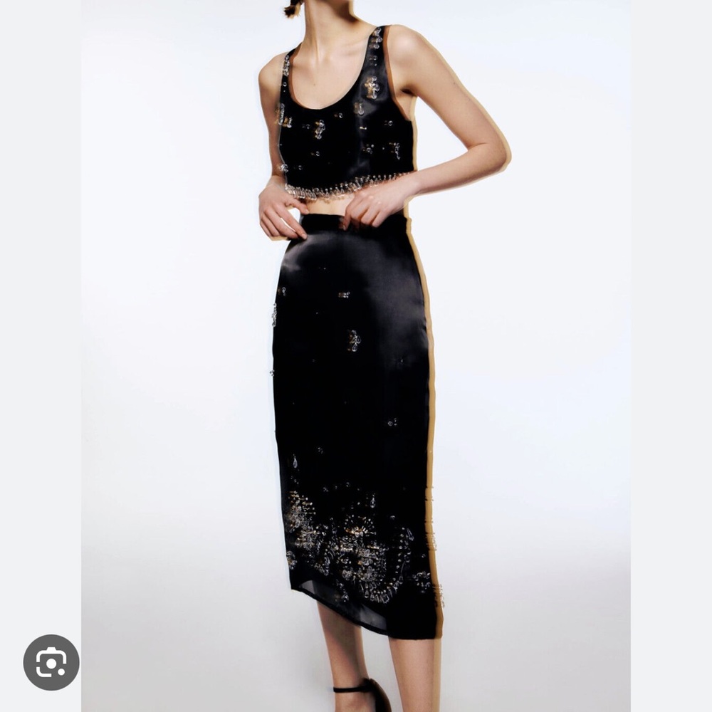 Zara Black Embellished Crop Top and Pencil Skirt Set